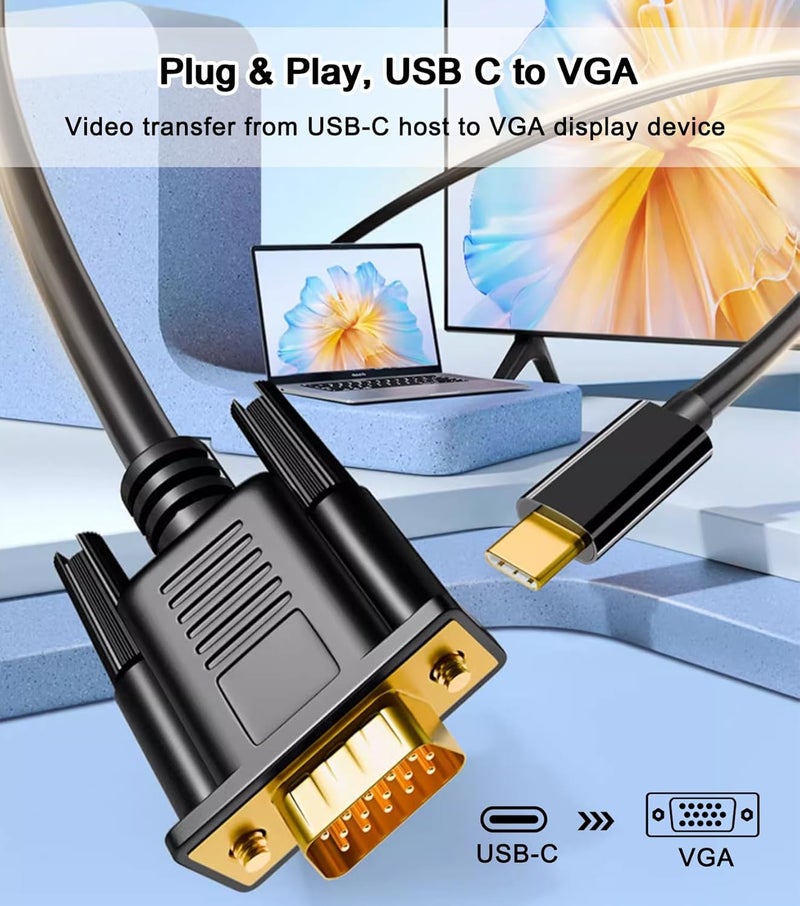 AKWOR USB C to VGA Cable 6FT, 1080P@60Hz USB Type C to VGA Adapter Video Converter [Thunderbolt 3/4 Compatible] with Macbook Air, iPad Pro, iPhone 15/16, iMac, XPS, Surface etc-Gold-plated Male Interface - Image 2